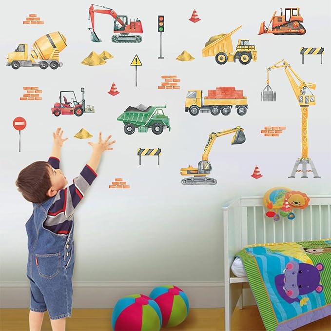 LHIUEM 30PCS Cars Wall Decals Watercolor Trucks Wall Stickers Engineering Vehicle Wall Decor for Kids Gifts Traffic Signal Construction Wall Decals for Boys Room Playroom Bedroom Classroom
