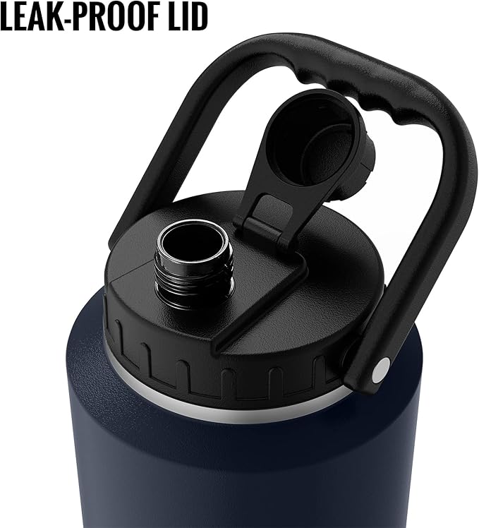 SkyWell 64 Oz Insulated Water Bottle Sleeve and Cup Kit Wide Mouth Water Flask Sweat-Proof and Leak-Proof Half Gallon Water Jug for Outdoors, Navy Kit