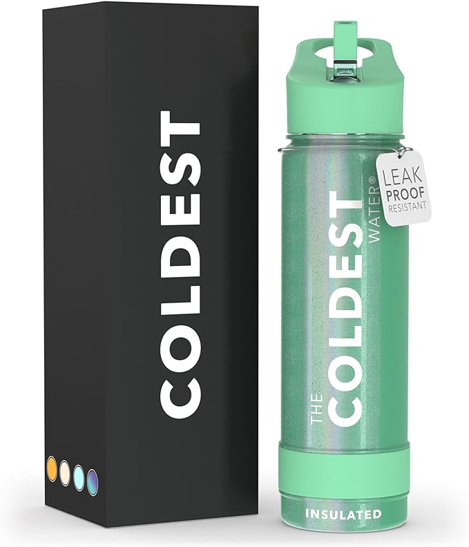 Coldest Sports Water Bottle with Straw Lid Vacuum Insulated Stainless Steel Metal Thermos Bottles Reusable Leak Proof Flask for Sports Gym (24 oz, Green Aurora Glitter)