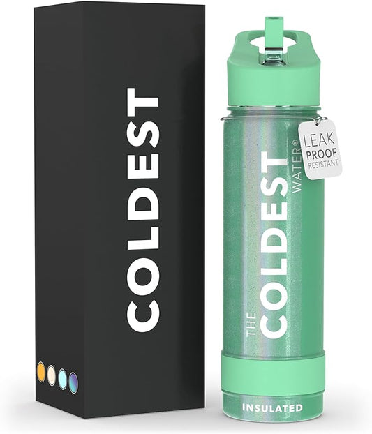 Coldest Sports Water Bottle with Straw Lid Vacuum Insulated Stainless Steel Metal Thermos Bottles Reusable Leak Proof Flask for Sports Gym (24 oz, Green Aurora Glitter)