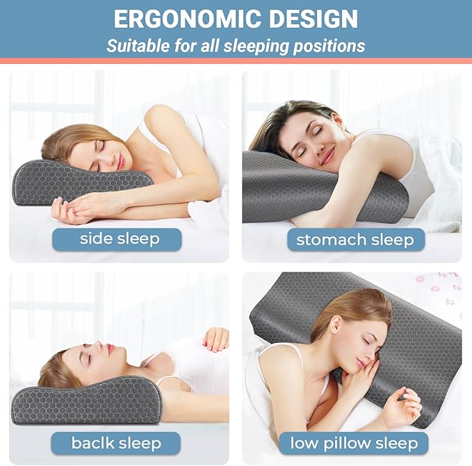 Neck Pillow Bed Pillow for Sleeping Memory Foam Pillows for Side Back Stomach Sleeper,Dark Grey