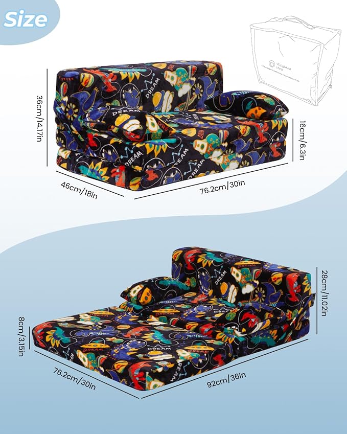 Weighted Idea 2-in-1 Kids Sofa Couch Fold Out for Girls and Boys, Folding Toddler Chairs Comfy Children Couch Baby Recliner, Convertible Sofa to Lounger(Blue Dinosaur, 30x18x16 inches)