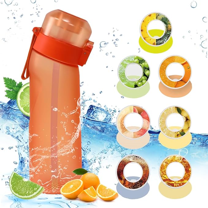 Water Bottle with Flavor Pods 21.9 Oz/650ml Fruit Fragrance Water Bottle Recyclable Sports Air Water Cup Scented Pods for Outdoor (Orange)
