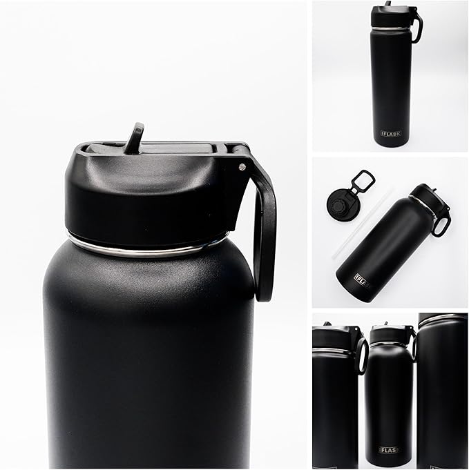 Sport Travel Outdoor Water Bottle with Spout and Straw Lids | Leak Proof | Insulated Stainless Steel Double Walled | BPA and Sweat free | Hot & Cold | For Kids Men & Women (Black, 22 oz)