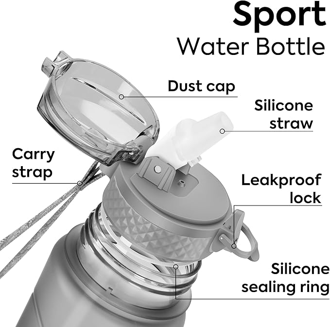 OLDLEY Kids Water Bottle with Straw 15 oz BPA-Free Leak-Proof Motivational Water Bottles with Time Marker for School Sports Travel Gym, Easy to Use for Girls Goys, 1 Straw Lid, Grey