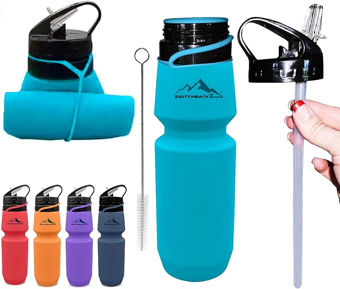 Collapsible Water Bottle (25Oz) - BPA Free Silicone Space Saving Collapse Water Bottle W/ Removable Straw | Temperature Resistant Collapsible Water Bottles For Travel And Rugged Outdoor Activities