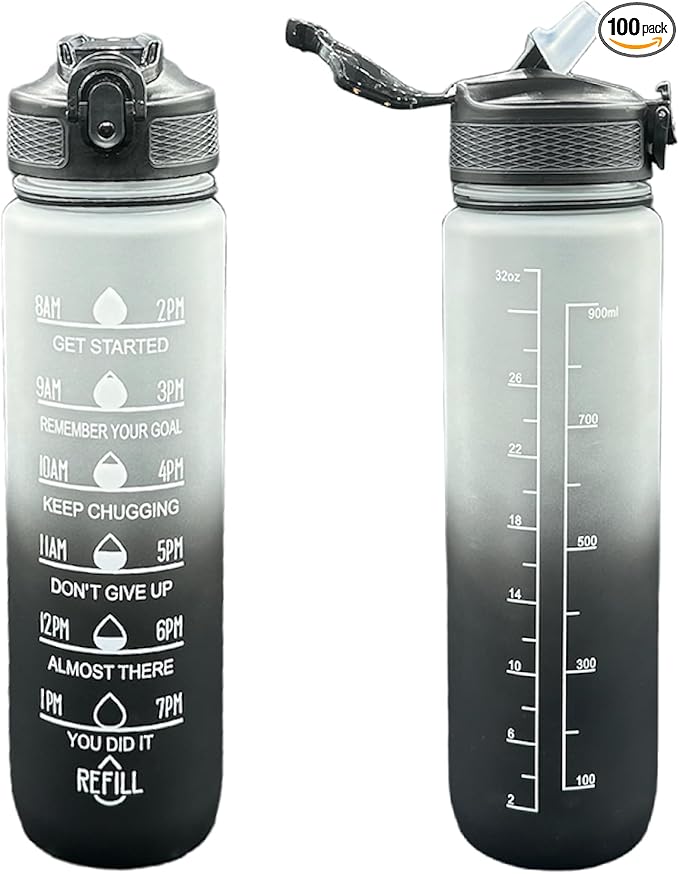 Yaa Fresh Water Bottles, 32oz Motivational Sports Water Bottle with Time Marker - Times to Drink - Tritan, BPA Free, Wide Mouth Leakproof, Fast Flow Technology with Clean Brush (1 Pack) (Black-White)