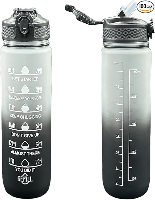 Yaa Fresh Water Bottles, 32oz Motivational Sports Water Bottle with Time Marker - Times to Drink - Tritan, BPA Free, Wide Mouth Leakproof, Fast Flow Technology with Clean Brush (1 Pack) (Black-White)