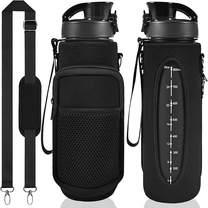 32 oz Water Bottle with Straw and Sleeve, Motivational Water Bottle with Time Marker and Adjustable Shoulder Strap, BPA Free Leakproof Sport Water Jug for Hiking, Gym