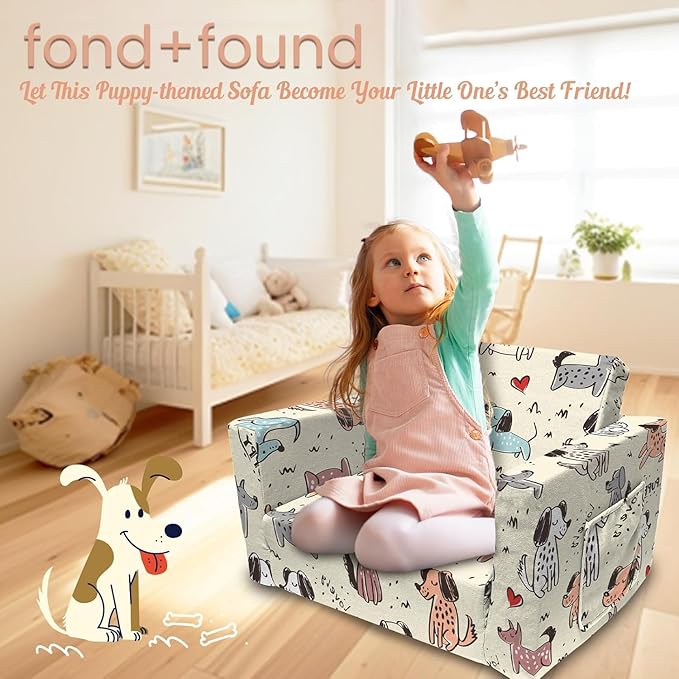 Kids Couch, 2-in-1 Convertible Sofa to Lounger, Comfy Flip-Out Couch Chair/Sleeper Bed for Toddler Boys and Girls (Beige-Dog)