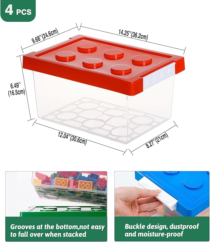 loobuu Plastic Storage Bins with Lids - Stackable Toy Storage Organizer Box Set of 4, Kids Toy Chests Container with Compatible Building Baseplate and Lid for Building Bricks - Yellow+Red+Blue+Green