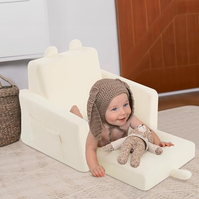 MeMoreCool Folding Toddler Chair, Cmofy Plush Fold Out Kids Couch Sofa, Convertible Kid Sofa Bed, Flip Out Baby Recliner for Toddlers 1-3 Girls Boys