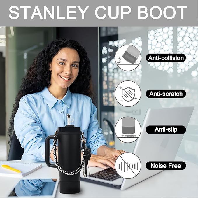 Stanley Cup Accessories Set- Water Bottle Handle Strap, Stanley Cup Protective Silicone Boot, Straw Lid Bow Design Stanley Charms for Stanley Cup 40oz /30 oz Tumbler (black)