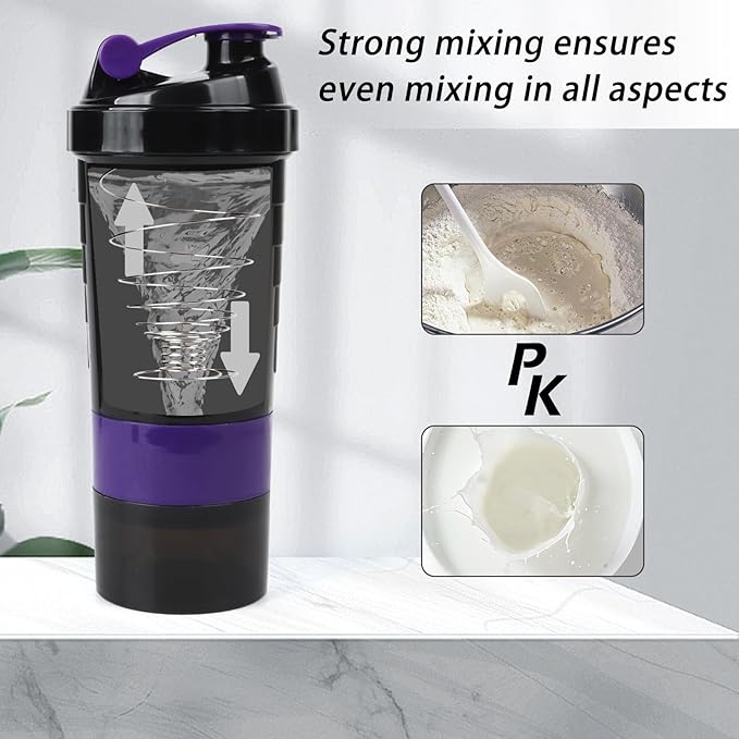 Shaker Bottle - Protein Shaker Cup with Storage Compartments - Leak-proof Workout Shake Bottles with Mixer for Smooth Mixing-500ML/16oz (PURPLE & BLACK)