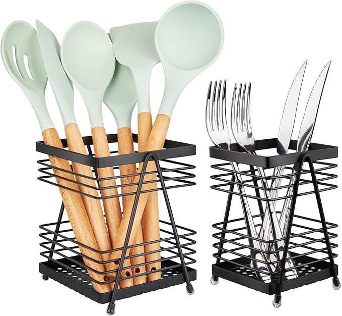 RedCall Utensil Holder for Kitchen Counter,Rectangular Matte Black Spoon Spatula Holder,Metal Steel Wire Cooking Utensil Crock Caddy Organizers,Elegant kitchen utensil holder for countertop (2 Pack)