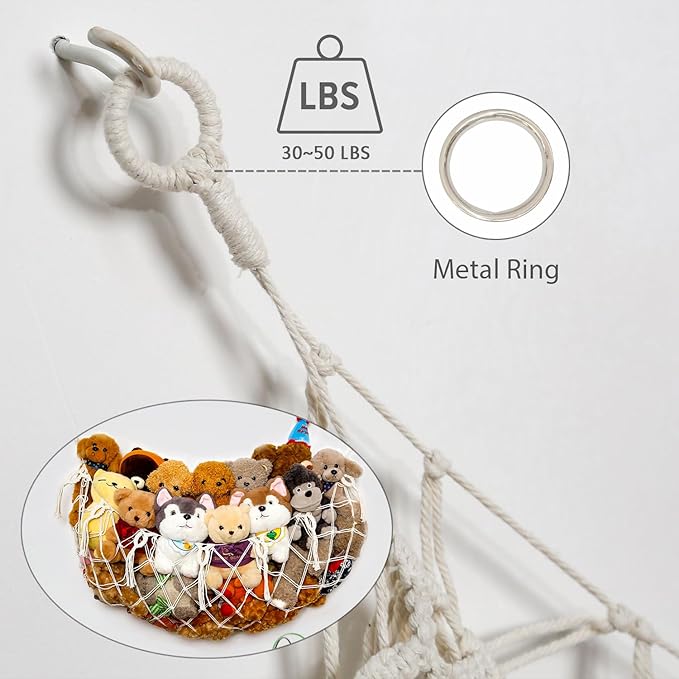 Stuffed Animal Soarage Hammock Macrame Toy Diaplay Plush Toy Holder Ceiling Hanging Net for Stuffed Animal Storage (Cream, Small)