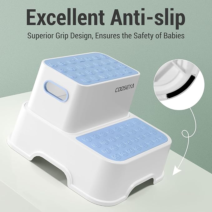 2 Step Stools for Kids,Toddler Step Stool for Bathroom Sink,No-Slip Double up Step Stool for Toddlers Bathroom, Multifunctional Toilet Step Stool for Kids,Toilet Potty Training(2 Packs)（Blue）