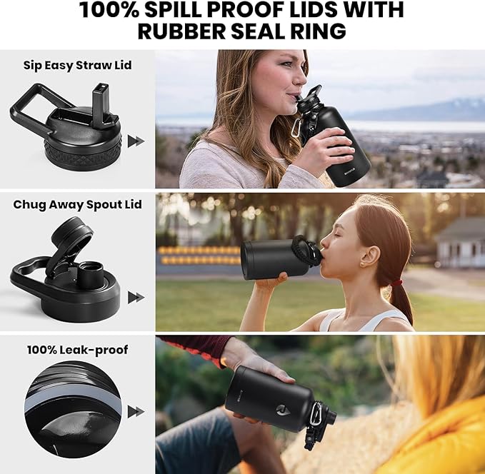 Insulated Water Bottle 64 oz, Triple Wall Vacuum Stainless Steel (Cold for 48 Hrs), Leak Proof & Non-BPA, Half Gallon Water Flask Jug with Paracord Handle & Straw Spout Lids, Magic Black