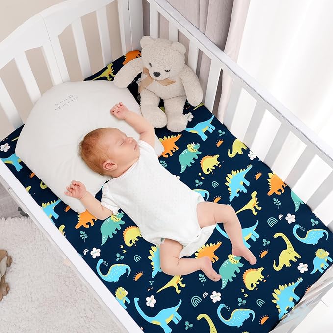 PHF Soft Mini Crib Sheet Set, 2 Pack Silky Comfy Pack N Play Sheets for Boys Girls, Universal Fit for Pack N Play, Playard and Mini Crib Mattresses, Dinosaur