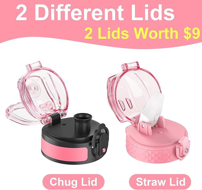 OLDLEY Kids Water Bottle for School with Straw Chug Lid, 15 oz Unbreakable Leak-Proof BPA-Free Motivational Water Bottles with Time Marker for Travel Sports Gym, 2 Lids, Candy Pink/Blueberry