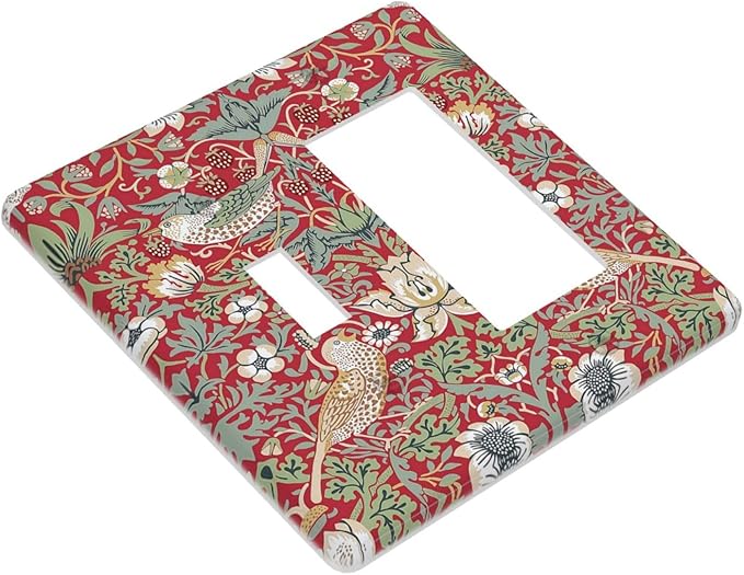 William Morris Strawberry Thief Botanical Red Green 2 Gang Single Toggle Rocker Combination Light Switch Covers Wall Plate Cover Electrical Faceplate Decorative Switchplate for Country Bedroom