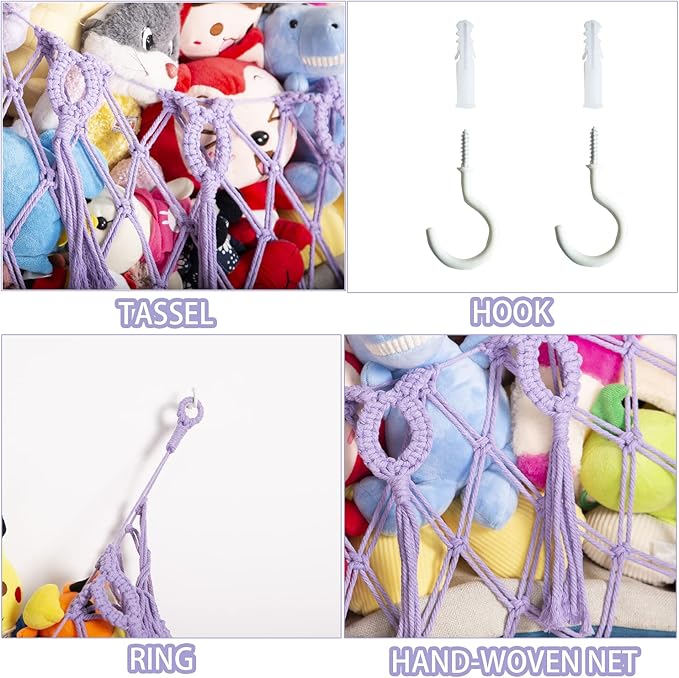 Stuffed Animal Net or Hammock Wall Hanging Net for Stuffed Animal Storage Macrame Toy Display Plush Toy Holder Soft Toy organizer for Nurery Baby Bedroom Playroom-Purple