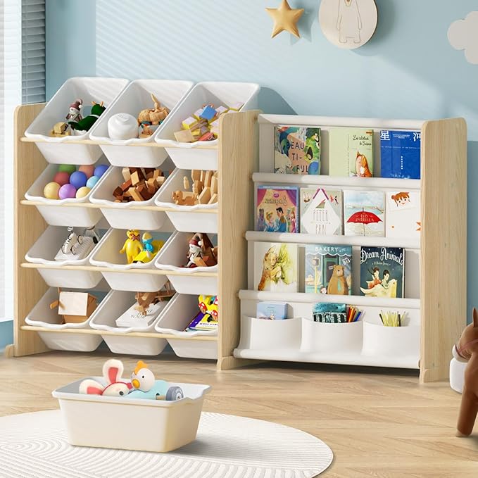 Kids Toy Storage Organizer - Toy Organizer with Kids Bookshelf, Toy Storage with 12 Toy White Bins and 4 Book Shelves, Toy Organizers and Storage for Playroom, Nursery, Kids Room, Burlywood