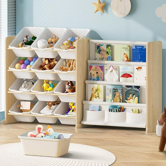 Kids Toy Storage Organizer - Toy Organizer with Kids Bookshelf, Toy Storage with 12 Toy White Bins and 4 Book Shelves, Toy Organizers and Storage for Playroom, Nursery, Kids Room, Burlywood
