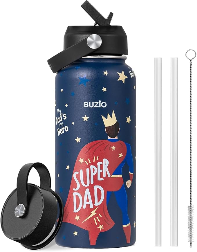 Father's Day Gifts for Dad, Funny Birthday Gift 32oz BUZIO Insulated Water Bottle with Straw Lid Stainless Steel Dad Tumbler from Son, Cold for 48hrs Double Wall Vacuum Thermo Canteen Cup, Hero