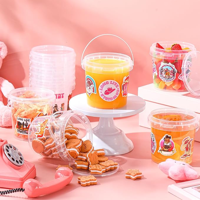 PerKoop 20 Pcs 32 oz Ice Cream Buckets with Lids and Handles Clear Cocktail Rum Buckets for Drinks with 200 Cowgirl Stickers Plastic Transparent Tub Reusable Food Storage Containers for Parties