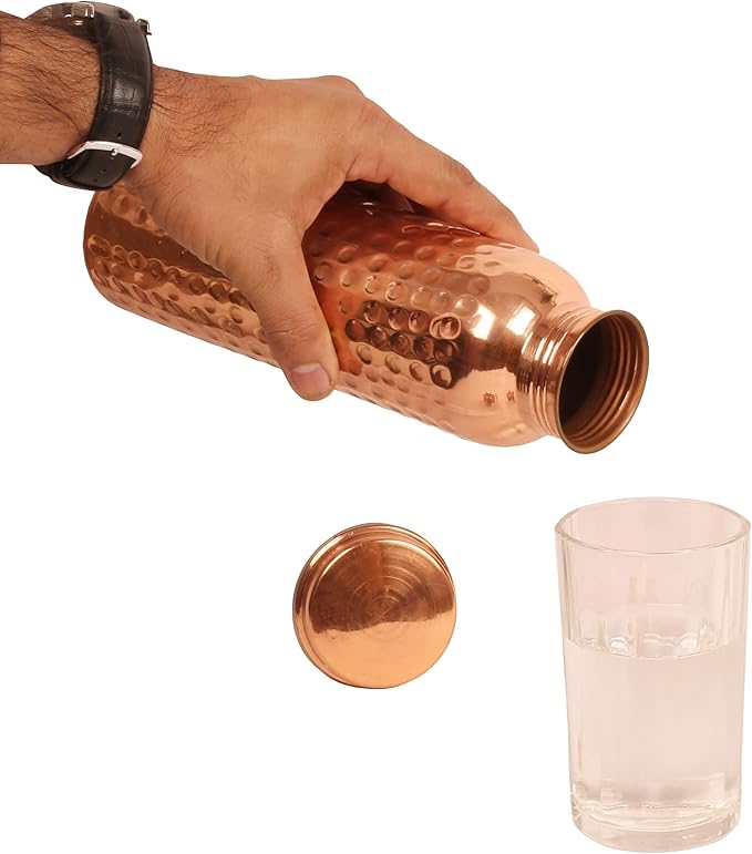 Pure Copper Water Bottle - Handcrafted - Ayurveda health benefits - Large 35 oz - Leak proof, Easy to carry for Sports, Fitness, Yoga, School - Natural Hammered Beaten Copper Finish
