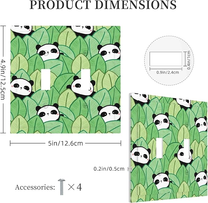 Cartoon Panda and Leaf Double Toggle Light Switch Covers 2 Gang Wall Plate Dual Decorative Switchplate Electrical Faceplate for Bathroom Country Kitchen Bedroom Decor, 4.9" x 5"