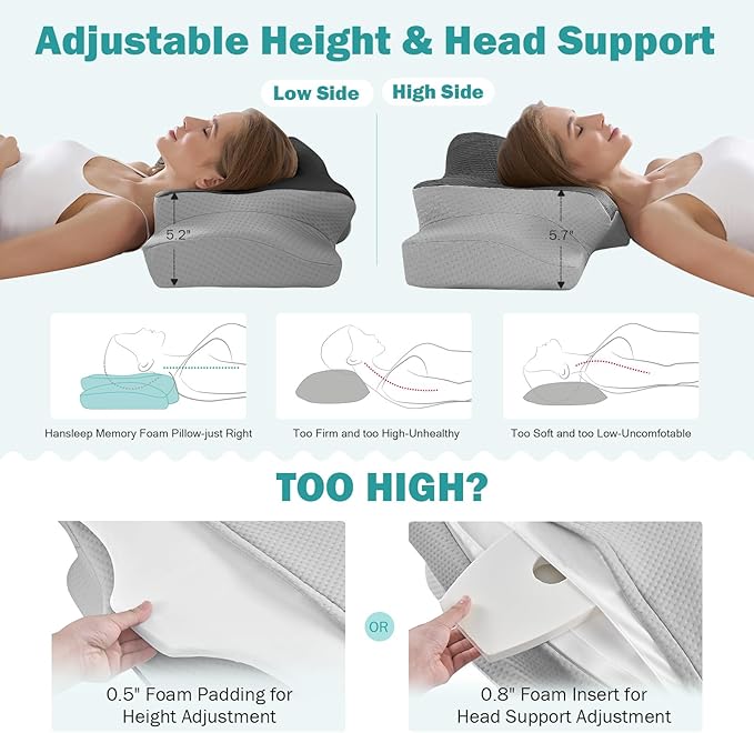 Hansleep Adjustable Cervical Pillow for Neck Pain, Ergonomic Memory Foam Neck Pillow for Sleeping with Breathable Pillowcase, Orthopedic Contour Neck Pillow for Side Back Stomach Sleeper, Grey