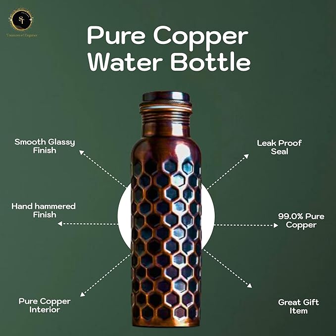 Pure Copper Water Bottle, 32oz, Antique Black Diamond, Ayurvedic Water Bottle with Lid, for Hiking, Camping, Home, Office, Gym, Travel, Outdoor Activities 950 ml
