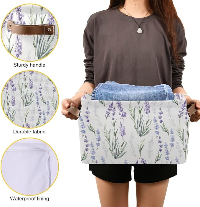 Lavender Flowers Storage Basket Fabric Storage Bin Laundry Baskets, Leaves Green Purple Foldable Storage Boxes Organizer Bag for Baby Cloth Dog Toy Book Storage Cubes Shelf Closet Basket 16×12×8
