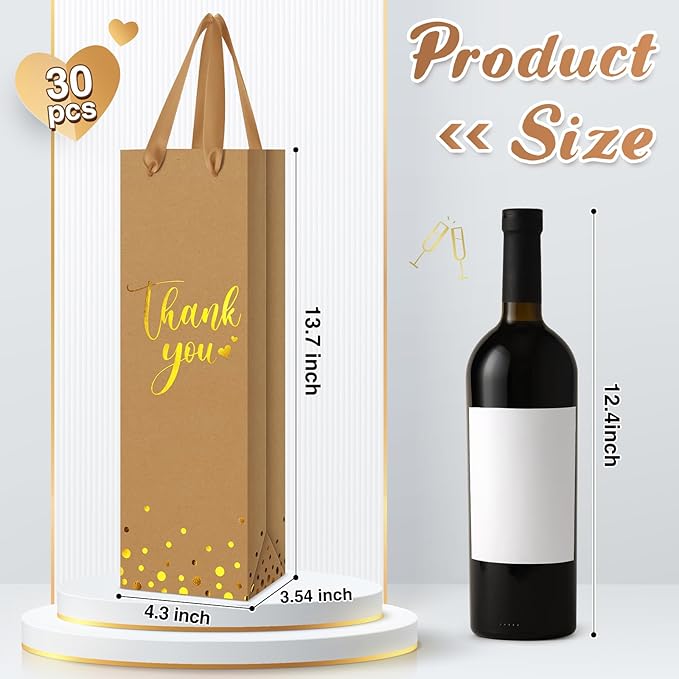 Ctosree 30 Pcs Wine Gift Bag for Wine Bottle Wedding Wine Thank You Gift Bag with Metallic Gold Foil Print Kraft Wine Paper Favor Bag with Attractive Rope Handle for Graduation Bottle(Brown)