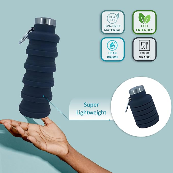 Collapsible Water Bottles 12oz, Odorless BPA-Free Silicone, Leak-Proof Foldable Reusable Bottle - Perfect for Travel Sports Gym Hiking Camping Cycling - Dark Gray