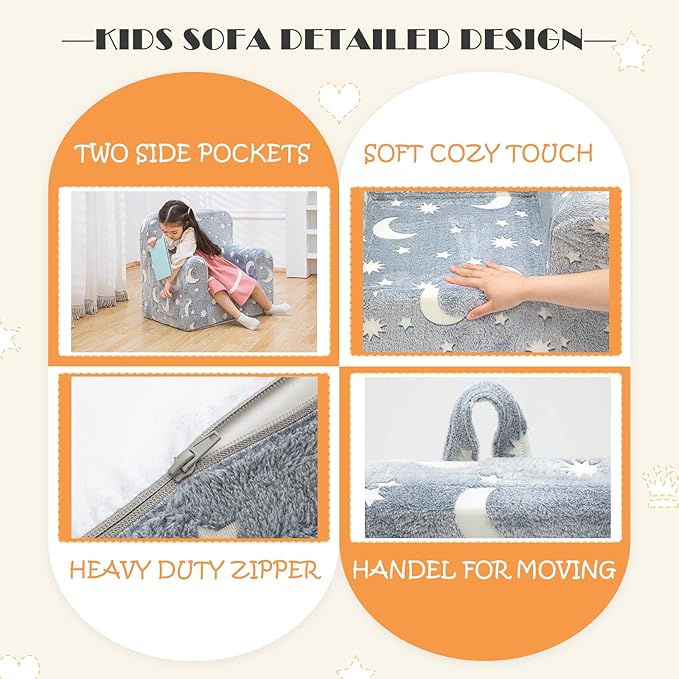 Snuggly-Soft Cuddly Toddler Plush Armchair for Boys and Girls Fuzzy Plush Kids Sofa Couch Reading Chair with Children Friendly Handle for Easy Movement & Double Pockets for Storage, Glowing Grey