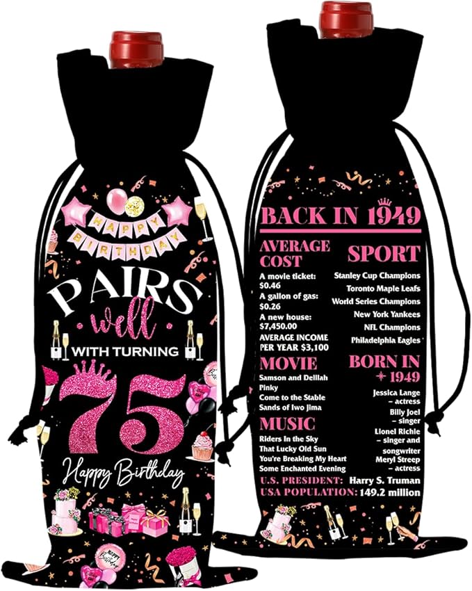 75th Birthday Gifts for Women Men Wine Bag, Birthday Gifts for 75 Year Old Man, Happy 75th Birthday Party Decorations Women for Men, Pairs Well with Turning 75 Wine Bags (Black Pink)