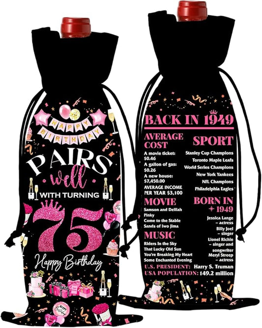 75th Birthday Gifts for Women Men Wine Bag, Birthday Gifts for 75 Year Old Man, Happy 75th Birthday Party Decorations Women for Men, Pairs Well with Turning 75 Wine Bags (Black Pink)