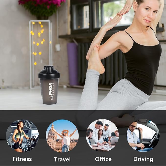 Shaker Bottle, 400ml Small Protein Shaker Cup with Mixing Ball for Smooth blending, Leak-Proof GYM Workout Water Bottles for protein Shake，Bpa Free (13oz / Black)