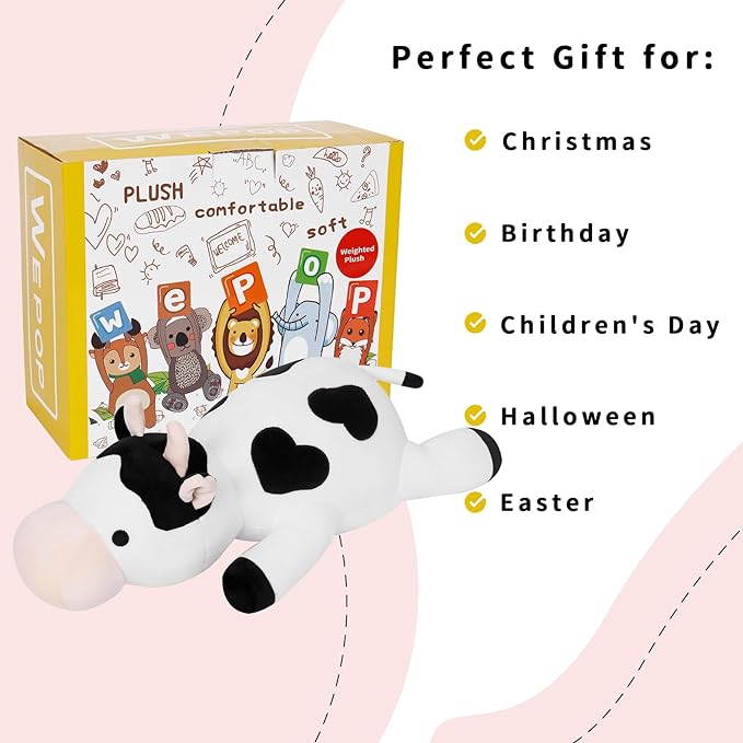 Milk Cow Weighted Plush, 24" 4.2 lbs Weighted Stuffed Animals Series, Cute Cow Plushie Dolls Throw Pillow Birthday Gifts for Children Kids Adults