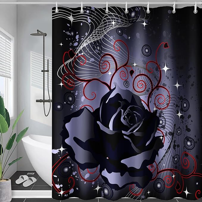 AILONEN Black Rose Shower Curtain for Women,Music Rose Bath Curtain for Bathroom Decor,Red and Black Art Polyester Waterproof for Girls with 12 Plastic Hooks,48" W*72" H Black