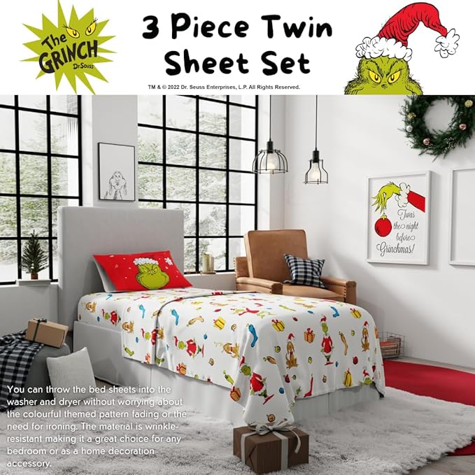 Franco Collectibles Dr. Seuss The Grinch Holiday & Christmas Bedding Super Soft Microfiber 3 Piece Twin Sheet Set, (Officially Licensed Product)