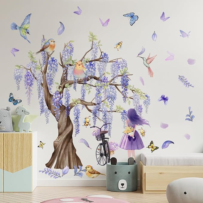 GGCC 7 FLAG Purple Theme Wall Stickers Set - Stylish Home Decor with Tree, Bird, Butterflies, and Flowers