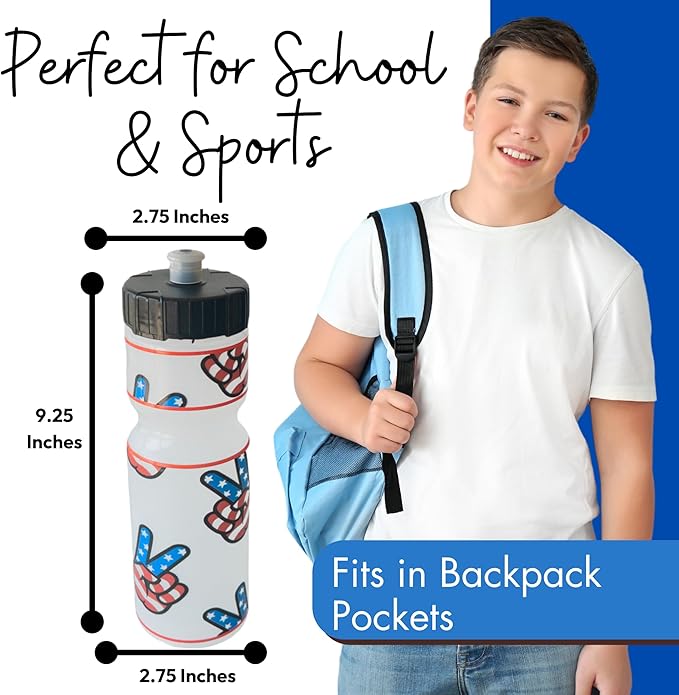Kids Water Bottle | 22 oz. BPA- Free Sports Squeeze Water Bottles with Pull Top Cap |Perfect Water Bottle for School | Reusable & Durable for Boys & Girls | Made in USA (Patriotic Peace Signs)
