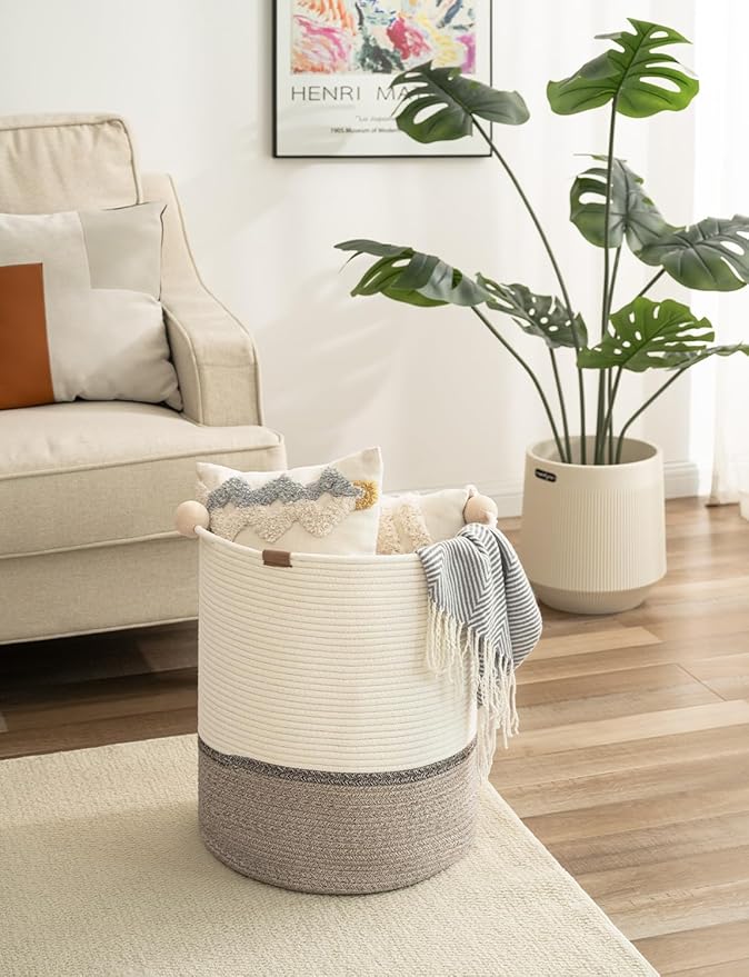 StorageWorks 58L Cotton Rope Laundry Basket with Wooden Beads Handles, Woven Basket for Storage, Dirty Clothes, Kids Toys, Towels, White & Light Brown