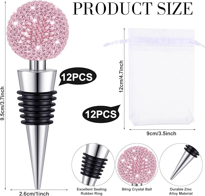 Crystal Wine Bottle Stopper Diamond Wine Stoppers Reusable Zinc Alloy Silicone Beverage Saver Corks Wine Decorative Bottle Stoppers with Sheer Bags for Wedding Bar Gifts(Pink,12 Set)