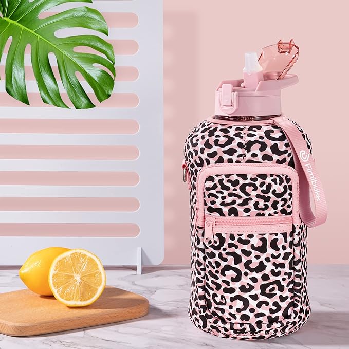 Fimibuke Half Gallon Water Bottle with Sleeve 64 OZ Water Bottle with Handle & Straw Leakproof Motivational Sports Gym Water Bottle with Time Marker BPA Free Water Jug with Reusable Neoprene Holder