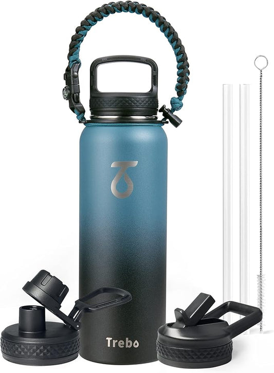 Trebo Water Bottle 40oz with Paracord Handle,Food-grade Double Wall Vacuum Stainless Steel Insulated Jug with Straw Spout Handle Lids, Large Sports Flask Keep Cold & Hot, Ombre: Indigo/Black